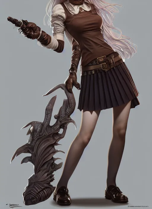 Image similar to portrait of a full body of beautiful young female detective, d & d, sleeveless turtleneck, pleated skirt, fantasy, flat lighting, intricate, highly detailed, digital painting, artstation, concept art, smooth, sharp focus, illustration, misa amane, art by simon bisley and greg rutkowski and alphonse mucha, natural tpose