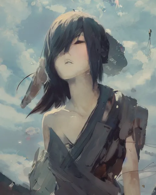 Image similar to a young japanese woman with very short hair looking to the skies, cinematic lighting, dramatic atmosphere, artwork by dustin nguyen, akihiko yoshida, greg tocchini, greg rutkowski, cliff chiang, 4 k resolution, trending on artstation,