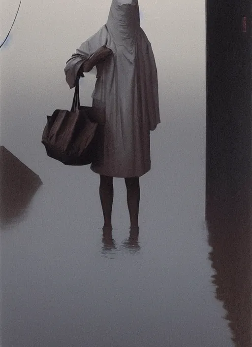 Image similar to woman dressed in plastic bags in paper bag over the head on flooded street Edward Hopper and James Gilleard, Zdzislaw Beksinski, highly detailed