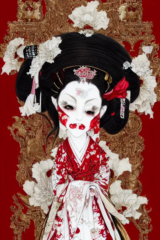 Image similar to japanese bjd geisha vampire queen in victorian red dress in the style of dark - fantasy lolita fashion painted by yoshitaka amano, takato yamamoto, james jean, dmt art, symmetrical vogue face portrait, volumetrics, intricate detail, artstation, cgsociety, artgerm, gold skulls, rococo