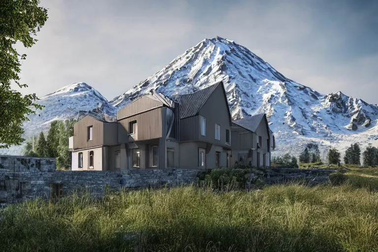 Prompt: modern fachwerk house settlement with Elbrus mountain on the background, architecture, 3d render 8k , matte painting, high details