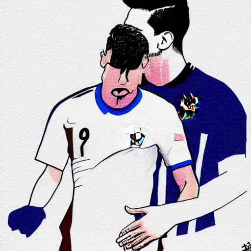 Image similar to Ronaldo choking Messi, illustration, sketch