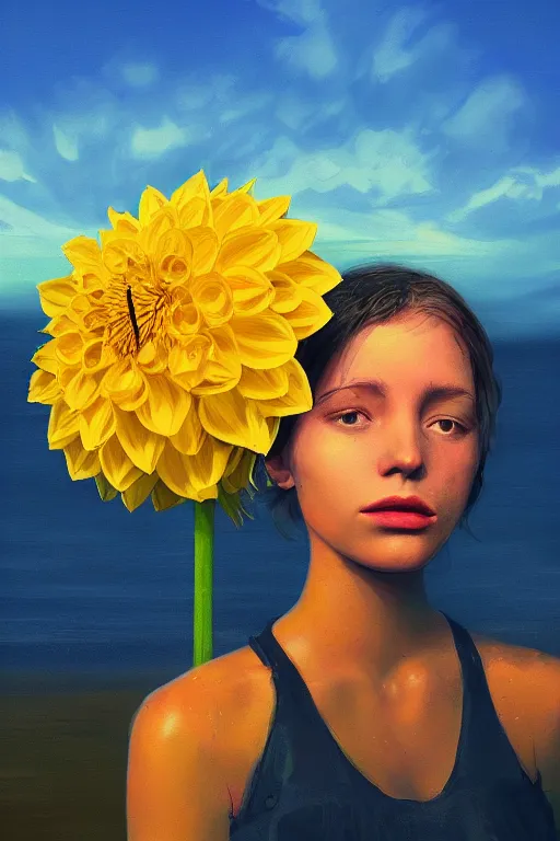 Image similar to closeup girl with huge yellow dahlia flower face, on the beach, surreal photography, blue sky, sunrise, dramatic light, impressionist painting, digital painting, artstation, simon stalenhag