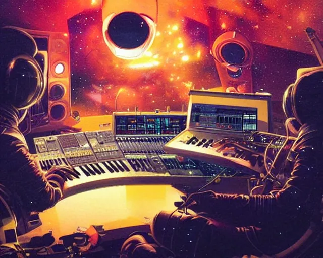 Image similar to an astronaut in a recording studio, looking at a glowing computer screen, using roland tr - 8 0 8, zero - gravity, [ everything is floating ]!!!, illustrated by greg rutkowski, [ digital art, synthwave art style ]!!