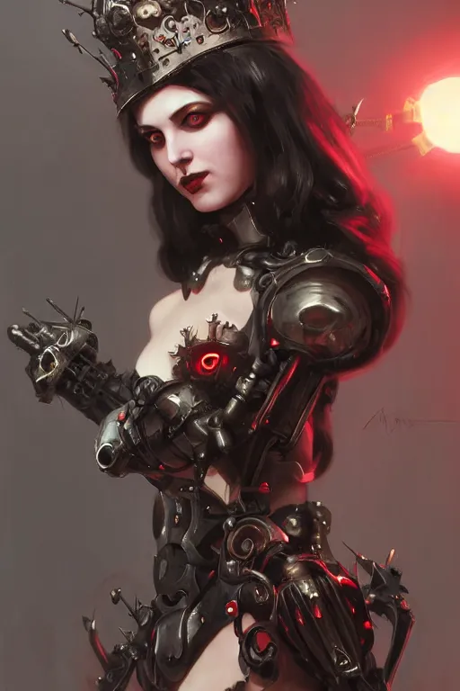 Prompt: Portrait of beautiful pale smiling cyborg goth maiden in bikini armor with crown of thorns and glowing red eyes, steampunc, Warhammer 40000, digital art from artstation by Ruan Jia and Mandy Jurgens and Artgerm and william-adolphe bouguereau