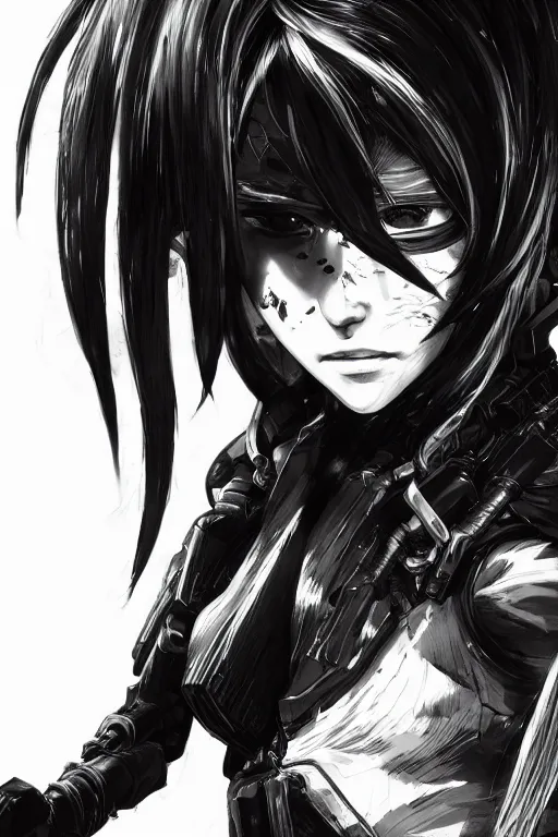 Image similar to Beautiful Gunnm Alita by Tsutomu Nihei, artstation, young, very attractive, pretty face, hyper detailed, rendering by octane, shallow depth of field, uplight