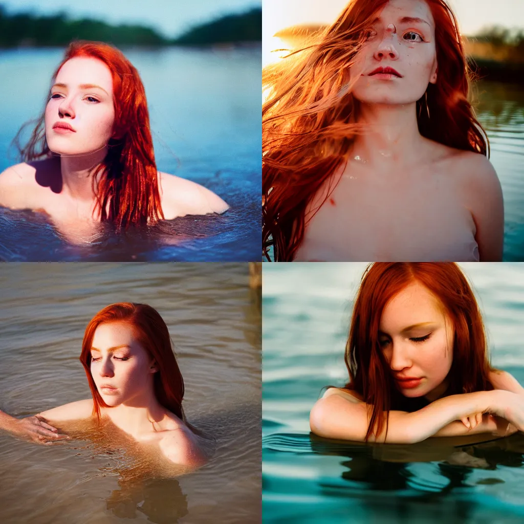 Prompt: A full head portrait photography of a redhead woman floating in water and her face is horizontally semi submerge. Long hair. Sunset. Warm light. Lens flares. Off-center composition. Closed eyes. Fuji C200 film. Detailed. Cinematic. High quality.