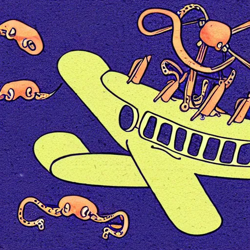 Image similar to illustration of an airplane with motors made of octopus tentacles