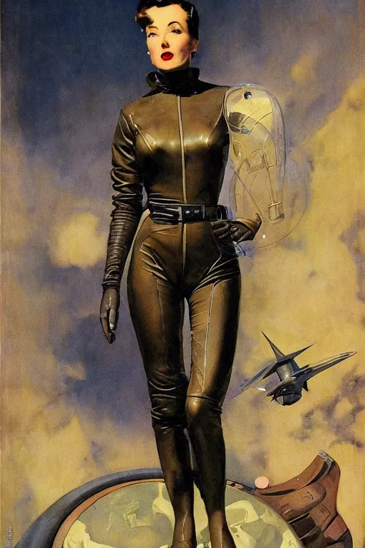 Image similar to 5 0 s pulp scifi fantasy illustration portrait striking elegant mature woman in leather spacesuit by norman rockwell, roberto ferri, daniel gerhartz, edd cartier, jack kirby, howard v brown, ruan jia, tom lovell, frank r paul, jacob collins, dean cornwell, astounding stories, amazing, fantasy, other worlds