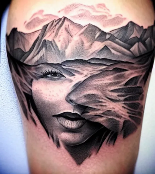 Image similar to tattoo design sketch of a beautiful woman face with a faded background of beautiful mountains and nature on her side, hyper - realistic, in the style of den yakovlev, amazing detail, black and white