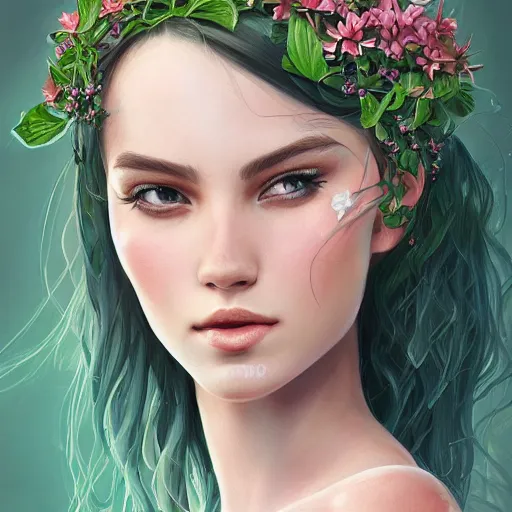Image similar to A gorgeous young woman plant hybrid, vine and plants and flowers, intricate, digital painting, highly detailed, concept art, Artstation, Cgsociety, Artgerm