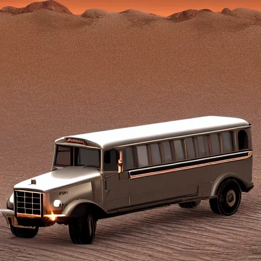 Image similar to silver school bus in the desert by hot springs, sand dunes, sage brush, golden hour, ultra detailed, 8 k, trending on artstation, award - winning art,