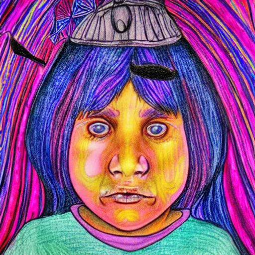 Image similar to school photo of a la llorona, psychedelic color pencil galactic drawing background