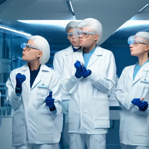 Prompt: sixtuplets, white hair, tight light blue neopren space uniforms, futuristic chemistry lab, sci - fi, highly detailed, cinematic