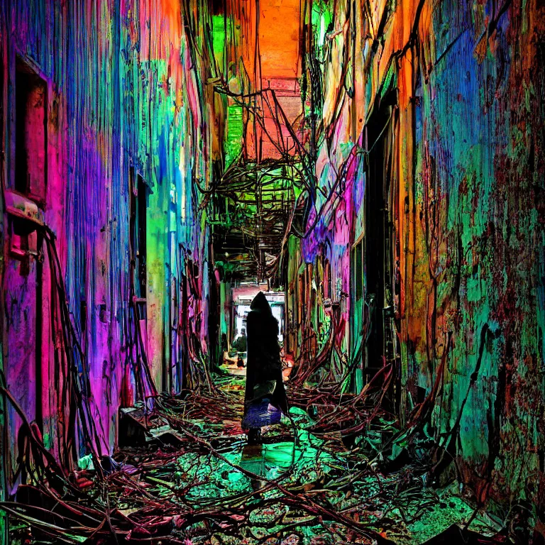 Prompt: dark decaying hallway filled with old televisions, wires and rebar hanging from ceiling and walls, obscured hooded person walking, neon colored fluorescent lighting, neon colored haze, vibrant colors, high detail, swampy atmosphere, liminal space,