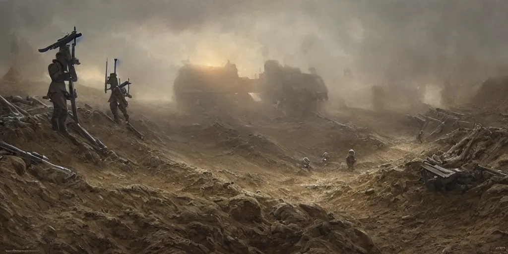 Image similar to world war 1 landscape in star wars, trench warfare, stormtroopers hiding in trenches, atmospheric, beautiful lighting, painted by john howe and greg rutkowski