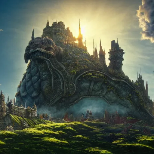 Image similar to large fantasy castle sitting on the top of a giant tortoise, towering over a harsh wasteland with sharp rays of sunlight, howls moving castle, mortal engines, kaiju, distant - mid - shot, fantasy, hyper detailed, 4 k