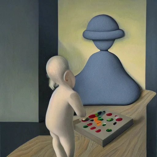 Image similar to a hyperrealistic painting of a child playing with a ouija board by Gertrude Abercrombie,