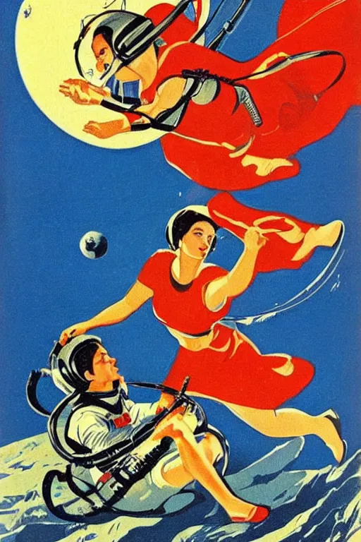 Image similar to Soviet propaganda art of a beautiful female cosmonaut fighting an alien.