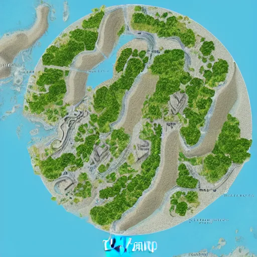 Prompt: detailed topdown map from google maps, of an island