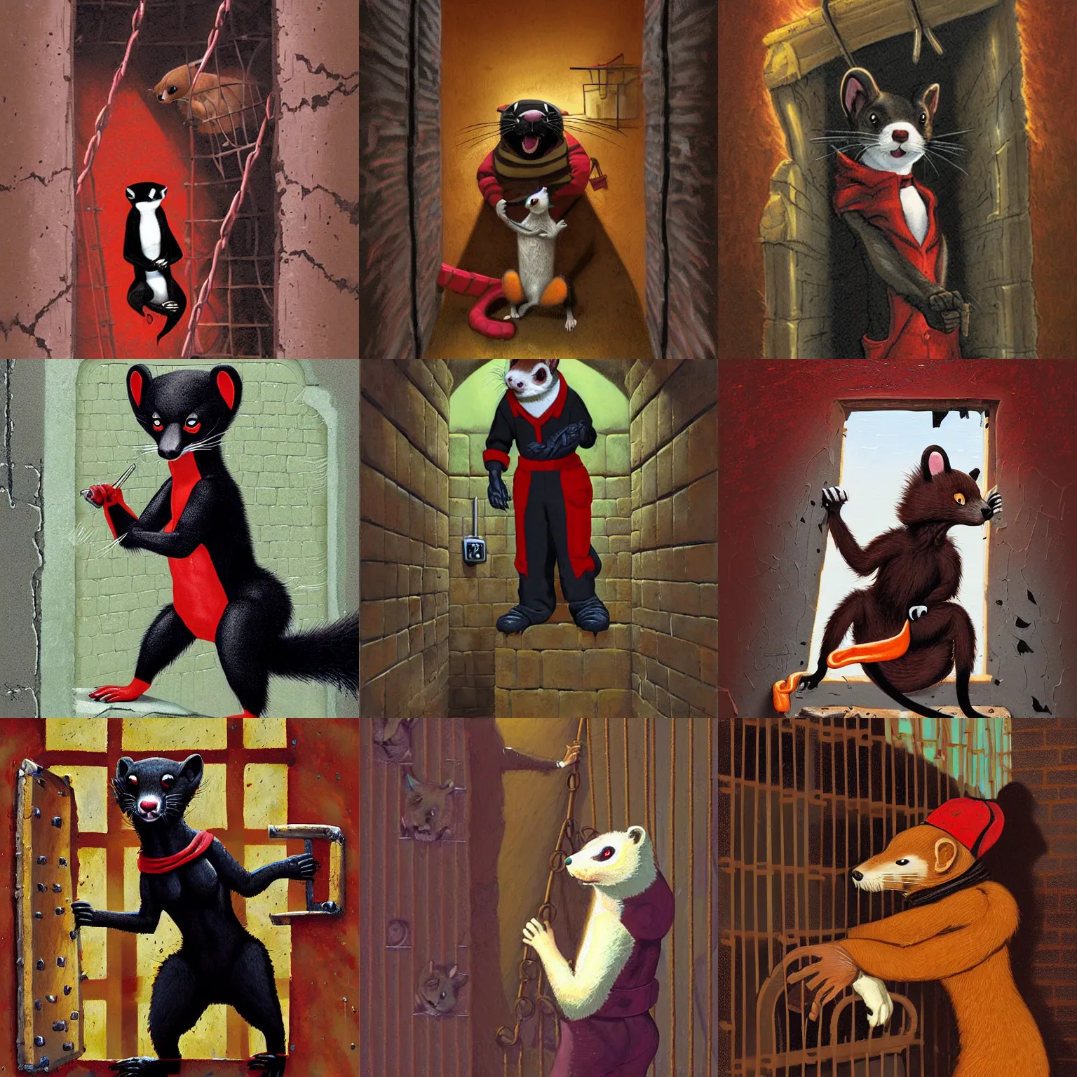 Prompt: an anthropomorphic red - and - black weasel - ferret - stoat fursona / furry ( from the furry fandom ) dressed in prisoner's regalia, scratching and chiseling on a prison cell wall creating cracks and impressions, paint flows through the nooks and crannies, art style : paul lehr and joe jusko gone dark