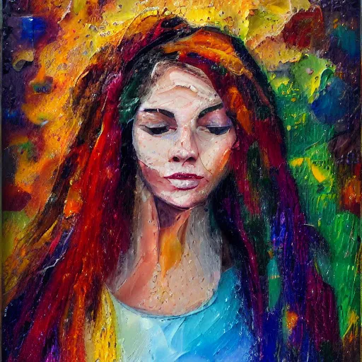 Image similar to oil paint impasto reliefs of beautiful girl in the pouring rain