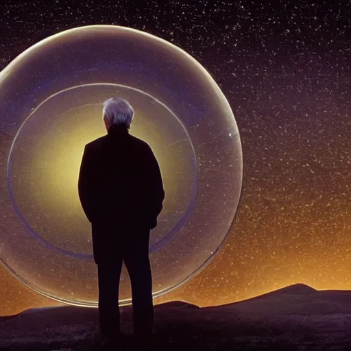 Prompt: an old man in a field looking at multiverse bubbles in the sky, scene from a star trek movie