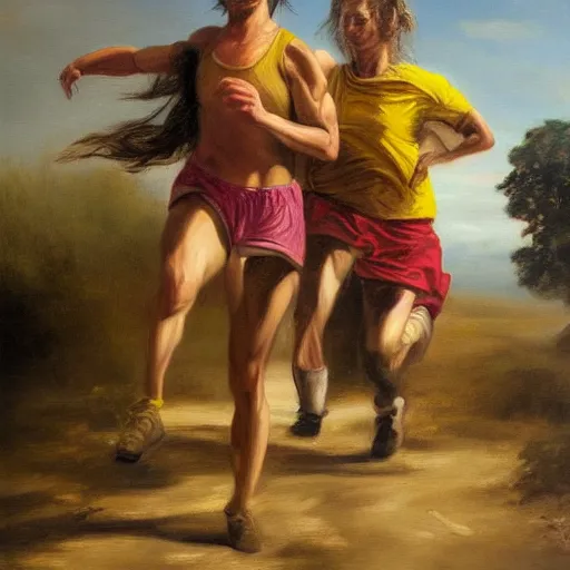 Prompt: in these oil paintings we see two woman running, 4 k, in the style of cabanel alexandre, hyper realism, medium shot, detailed,