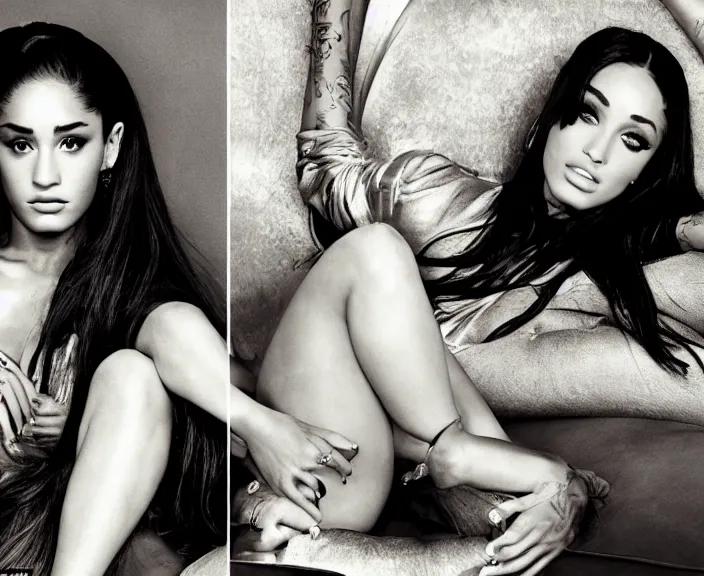 Prompt: award winning photo of Ariana Grande, Megan Fox sitting on a chesterfield lounge, symmetrical face, wide shot by Sally Mann & Arnold Newman,