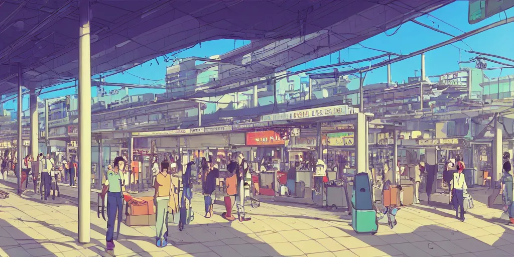 Image similar to an israeli bus station in tel aviv, noon, sunlights, wide shot, digital art, ghibli style, makoto shinkai, flat colors