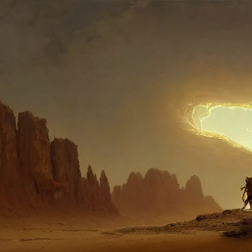 Image similar to an oil painting of a dry and cracked desert on an alien planet with an electrical storm above by carl spitzweg tuomas korpi and greg rutkowski