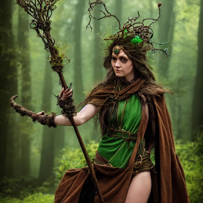 Image similar to photograph of a real-life beautiful elemental earth witch with ornate green and brown robes and staff. Extremely detailed. 8k