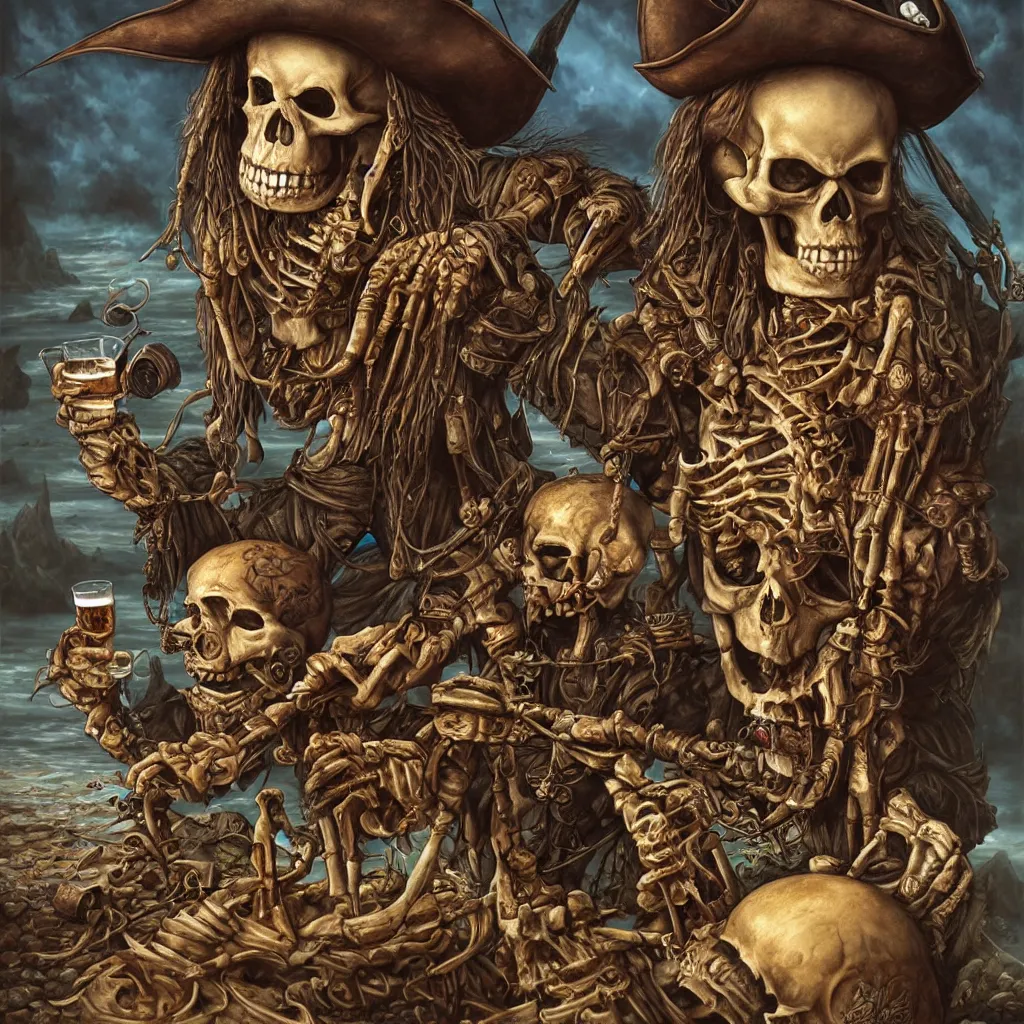 Image similar to pirate skeleton drinking beer by tomasz alen kopera and Justin Gerard