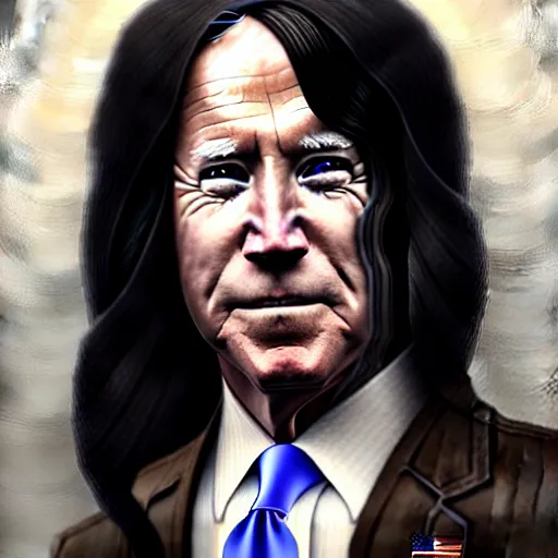 Image similar to portrait painting of joe biden with shoulder length flowing black hair pale skin and beautiful dark brown eyes, ultra realistic, concept art, intricate details, eerie, highly detailed, photorealistic, octane render, 8 k, unreal engine. art by artgerm and greg rutkowski and magali villeneuve