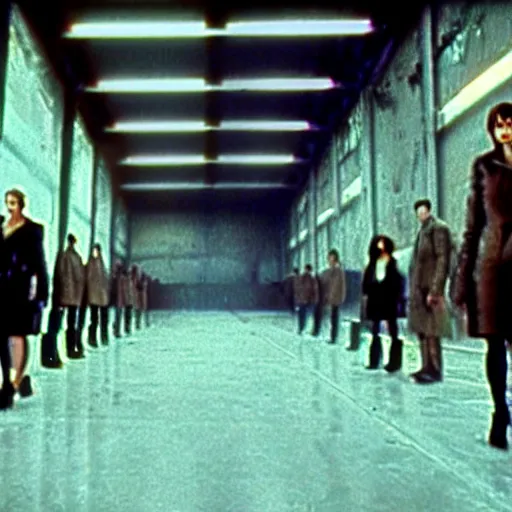 Image similar to replicants standing in an abandoned factory, still from closed circuit tv footage