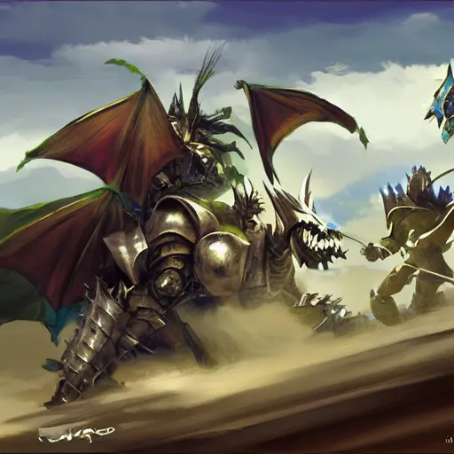 Image similar to dragon fight vs blue armor knight, green car, desert landscape, greg manchess, akehiko inoue and ross tran