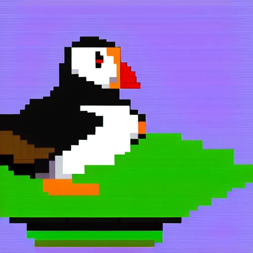 Prompt: pixel art of a puffin drinking tea