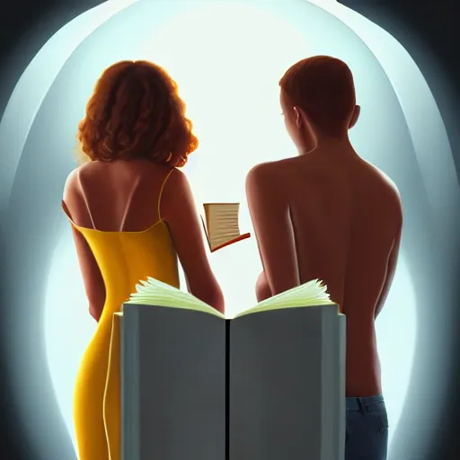 Prompt: hyperrealistic painting of a beautiful young woman holding a book while three men and a woman peep into the book from behind, detailed digital art, trending on artstation