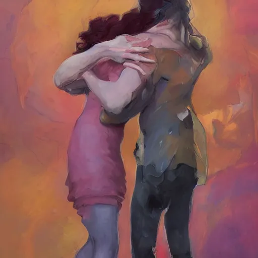 Prompt: of a man and woman holding each other hugging intimately in the style of disco elysium, expressionism, artstation, trending, by aleksander rostov, jenny saville, john singer sargent, alex kanevsky, wassily kandinsky, dave mckean, yoshitaka amano