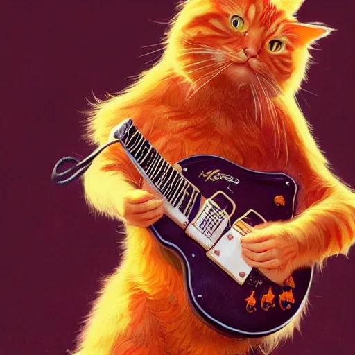 Image similar to a ginger cat dressed like a hardrocker playing electric guitar, cinematic lighting, highly detailed, digital painting, artstation, concept art, smooth, sharp focus, illustration, art by Terry Moore and Greg Rutkowski and Alphonse Mucha