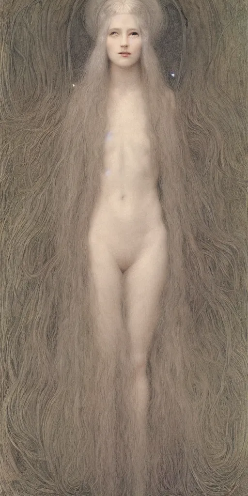 Prompt: Say who is this with silver hair so pale and Wan and thin? in the style of Jean Delville, Lucien Lévy-Dhurmer, Fernand Keller, Fernand Khnopff, oil on canvas, 1896, 4K resolution, aesthetic, mystery