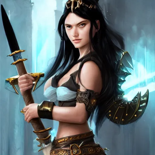 Image similar to fantasy portrait of a middle aged beautiful female barbarian queen with jet black hair , light blue eyes , backlit , made by Stanley Artgerm Lau, WLOP, Rossdraws, ArtStation, CGSociety, concept art, cgsociety, octane render, trending on artstation, artstationHD, artstationHQ, unreal engine, sfw, 4k, 8k,