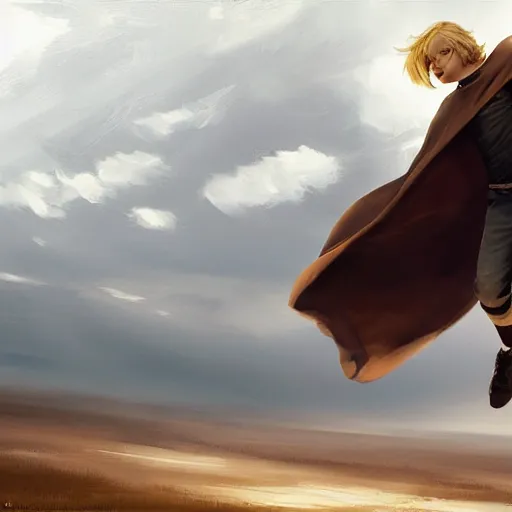 Image similar to blonde boy wearing a brown cape and flying in t pose, powerful, space background, oil painting, brush strokes, greg rutkowski