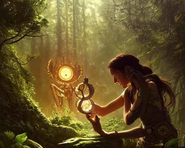 Prompt: aliens discovering technological artifact in a forest, deep focus, d & d, fantasy, intricate, elegant, highly detailed, digital painting, artstation, concept art, matte, sharp focus, illustration, hearthstone, art by artgerm and greg rutkowski and alphonse mucha