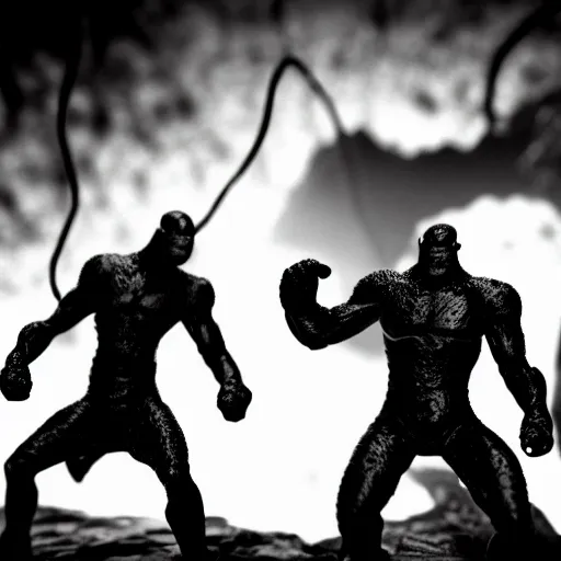 Image similar to black and white thanos fight with the thanos in a cave, by tsutomu nihei, black and white, old cave with slime and wires blur background, cinematic, perspective, realistic