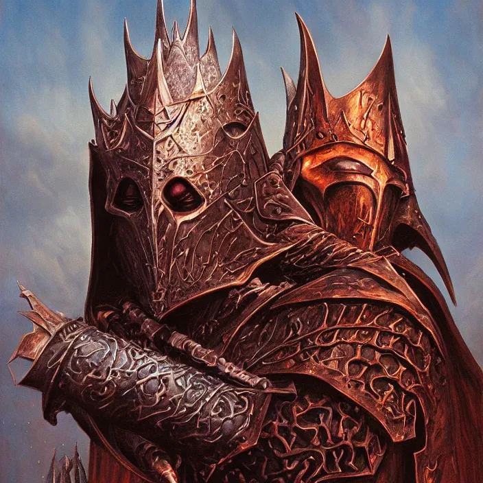 Prompt: portrait of the witch king of angmar in copper armor, by michael whelan, fantasy art oil on canvas