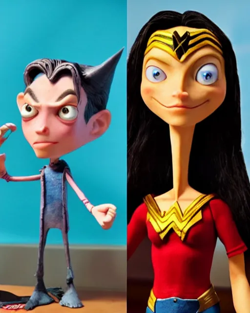 Image similar to steve buscemi ’ s wonder woman as a highly detailed stop motion puppet, in the style of laika studios ’ s paranorman, coraline, kubo and the two strings shot in the style