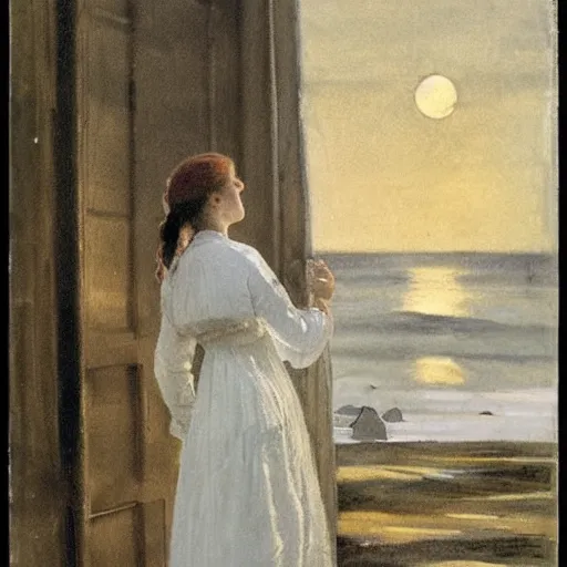 Image similar to a young edwardian woman wearing a white dress, playing guitar in a window at night, the sea and a beach and the moon is visible in the background, in the style of anders zorn