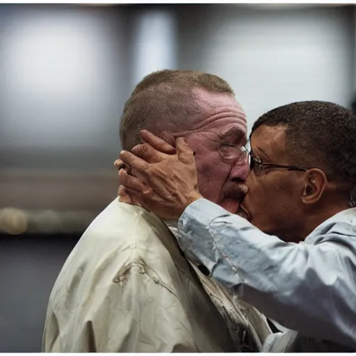 Image similar to walter white kissing gus fring, 8k , professional photography