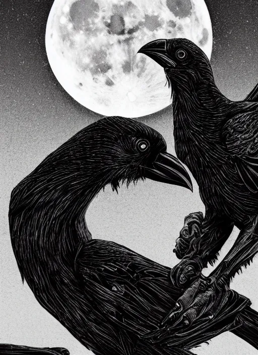 Image similar to portrait, A crow in front of the full big moon, book cover, red white and black colors, establishing shot, extremly high detail, foto realistic, cinematic lighting, pen and ink, intricate line drawings, by Yoshitaka Amano, Ruan Jia, Kentaro Miura, Artgerm, post processed, concept art, artstation, matte painting, style by eddie mendoza, raphael lacoste, alex ross